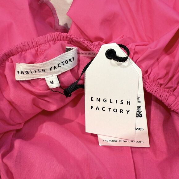 English Factory Scallop Tiered Pink Dress Size Medium Puff Sleeve Open Back Midi - Picture 8 of 12